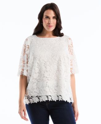 Plus Size Scalloped Elbow-Sleeve Jewel Neck Lace Top