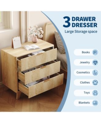 Fluted Night Stand with 3 Drawers, Modern Wood Chest of Bedside Table