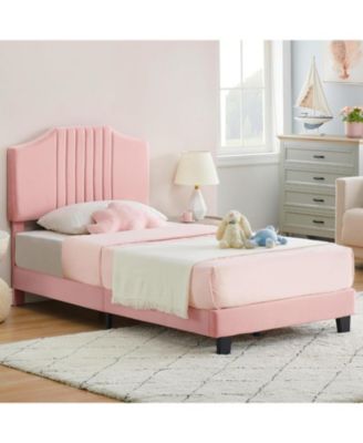 Twin Bed Frame Upholstered Platform with Headboard, Strong Frame and Wooden Slats Support