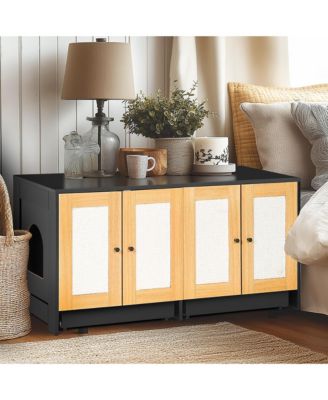 double cat litter box enclosure with rattan doors and pull out tray