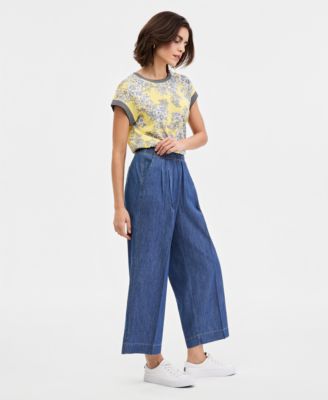 Women's Pleated Chambray Wide-Leg Ankle Pants