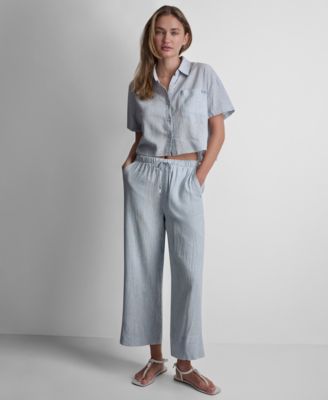 Petite Linen-Blend High-Waist Wide-Leg Drawstring Pants