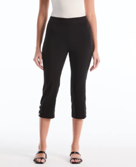 Petite Button Detail Capri Pants - Black