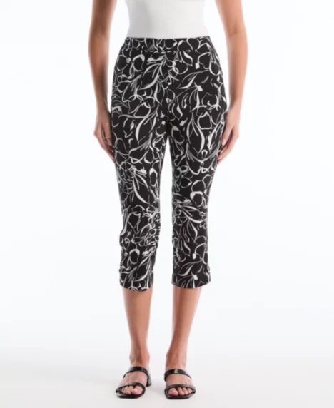 Petite Hibiscus Print Capri Pants with Riveted Vent - White