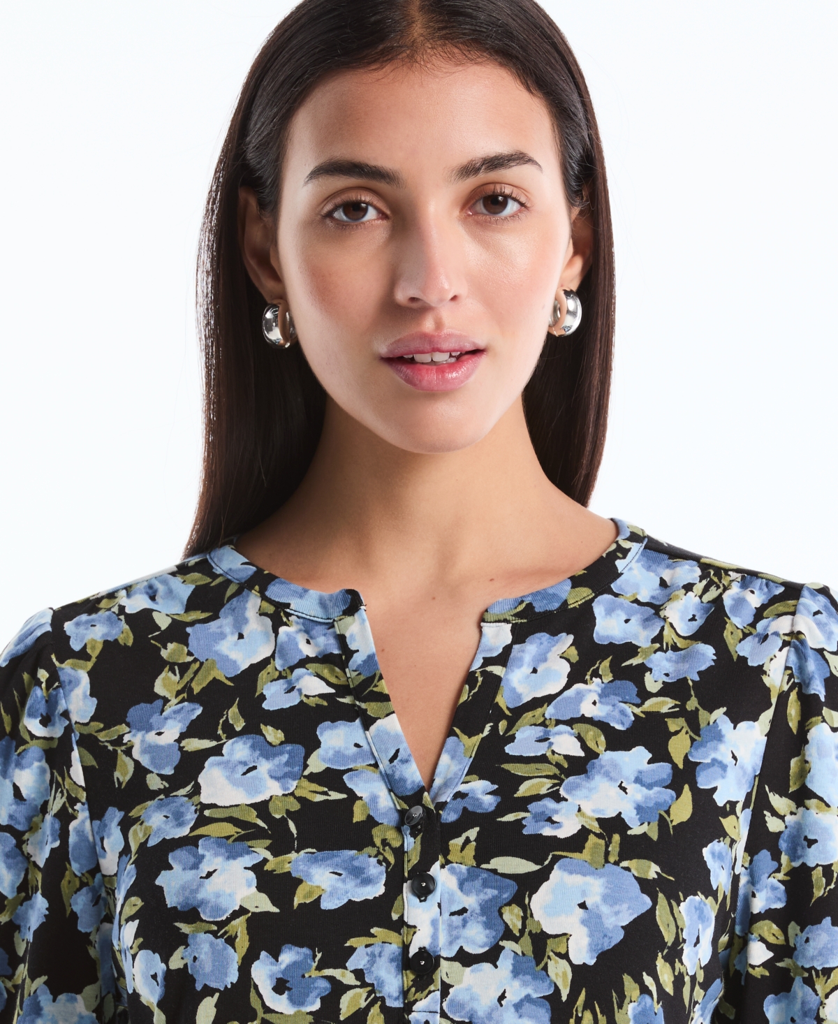 Rafaella Petite Floral Print Shirred Henley Neck Top