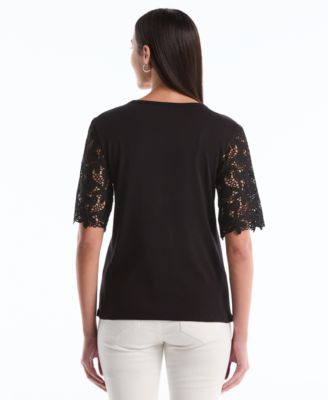 Petite Draped Lace Crew Neck Top