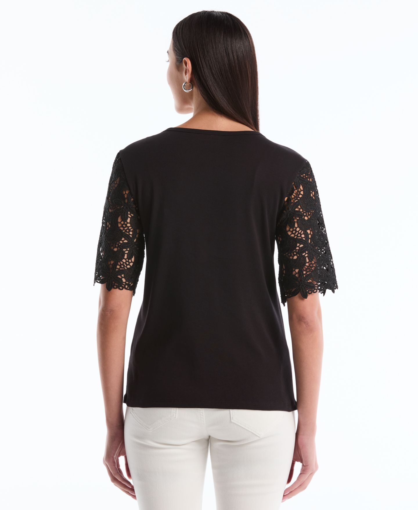 Женский топ Rafaella Petite Draped Lace Crew Neck, цвет: Чёрный — фото 5