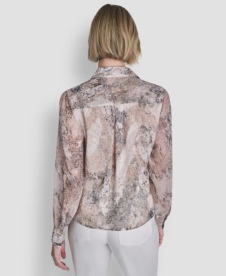 Women's Printed Ruffle Front Long-Sleeve Collared Blouse