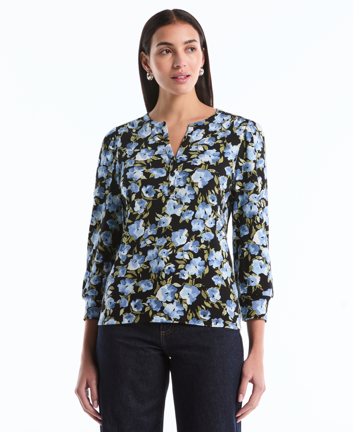 Rafaella Petite Floral Print Shirred Henley Neck Top
