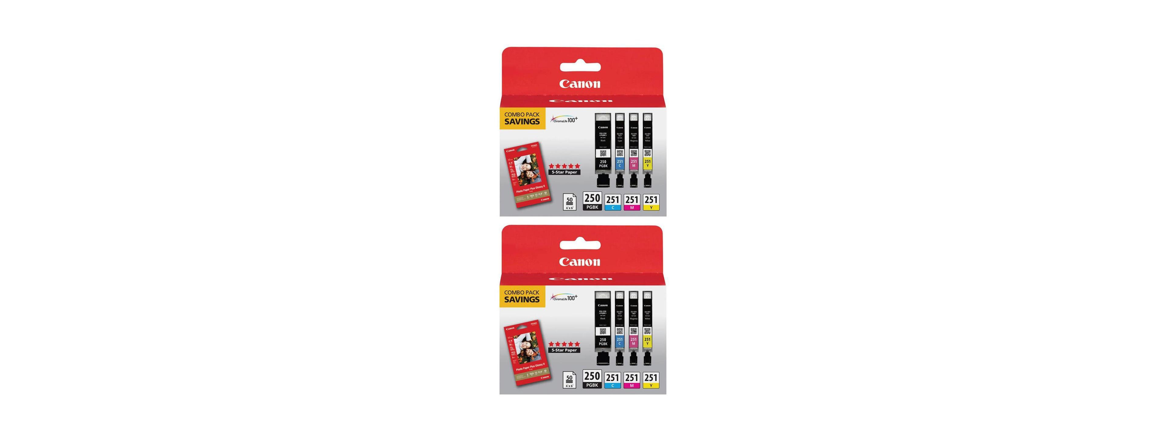 Canon 2 pack Pgi 250 & Cli 251 combo with photo paper, cyan, yellow, magenta & black inks.