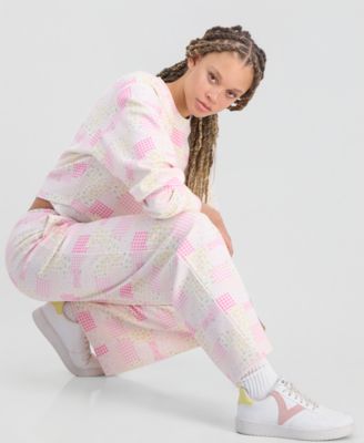 Juniors' High Rise Patchwork Print Sweatpants