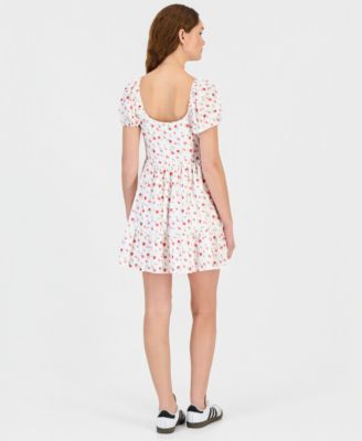 Juniors' Floral Print Eyelet Puff-Sleeve Mini Dress