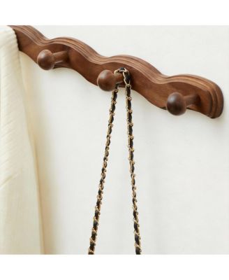 Wave-Shape Walnut Wood Coat Rack with 6 Hooks for Hats, Coats, Bags