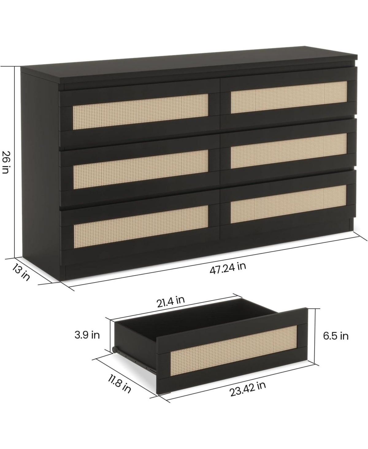 gaomon 6 Drawer Double Dresser for Bedroom, Rattan Dresser with Smooth Mental Slide, Modern Wood Chest for Closet, Living Room, Hallway