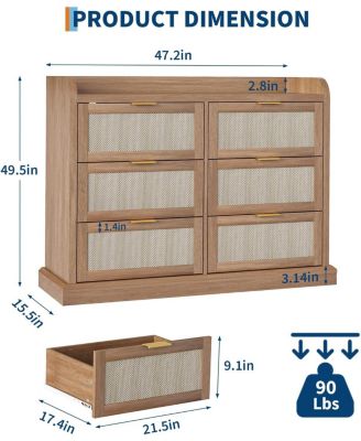 Farmhouse 6 Drawer Dresser, Rattan Chest of Drawers with Spacious Tabletop & Raised Edges, Compact Wood Storage Organizer for Bedrooms