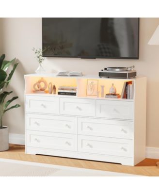 7 Drawer Wooden Dresser with LED Lights, Charging Station & 2 Open Compartments, Freestanding Bedroom Storage Organizer
