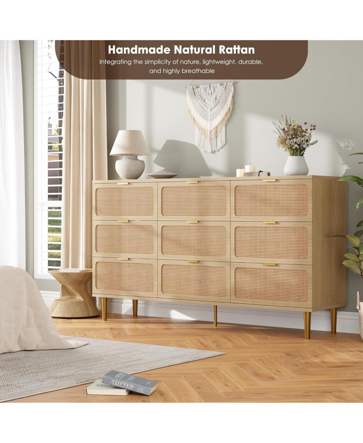 Gaomon Garvee Rattan 9-Drawer Dresser, Tall Modern Closet with Deep Storage