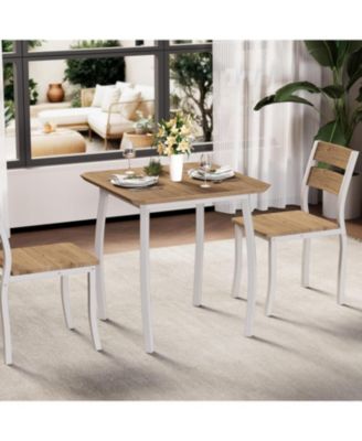 Modern 3 Piece Dining Table Set for 2 – Metal Frame, Wood Grain Tabletop, Wooden Cushion Chairs