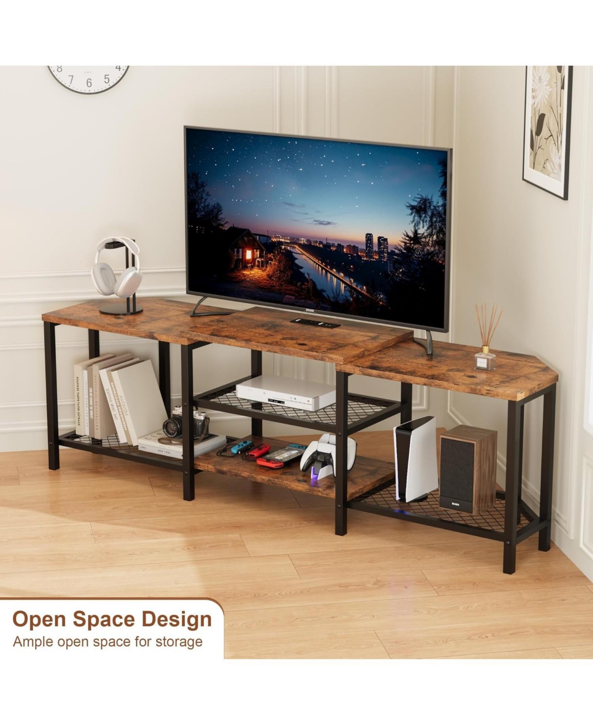 gaomon Tv Stand for TVs up to 75 Inch, Corner Entertainment Center with Power Outlet and Led Lights Open Storage Shelves