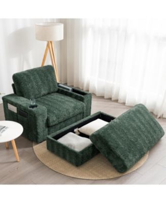 Faux Rabbit Fur Sofa with Storage Ottoman and Armrests,Cup Holders,Upholstered Sleeper Chair,Chaise Lounge,Reading