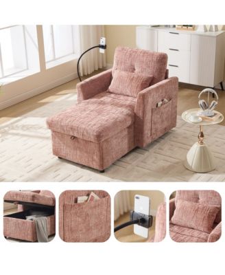 Multifunctional Chenille Sofa with Storage & Cell Phone Bracket, Single Sleeper Chair, Chaise Lounge Chair