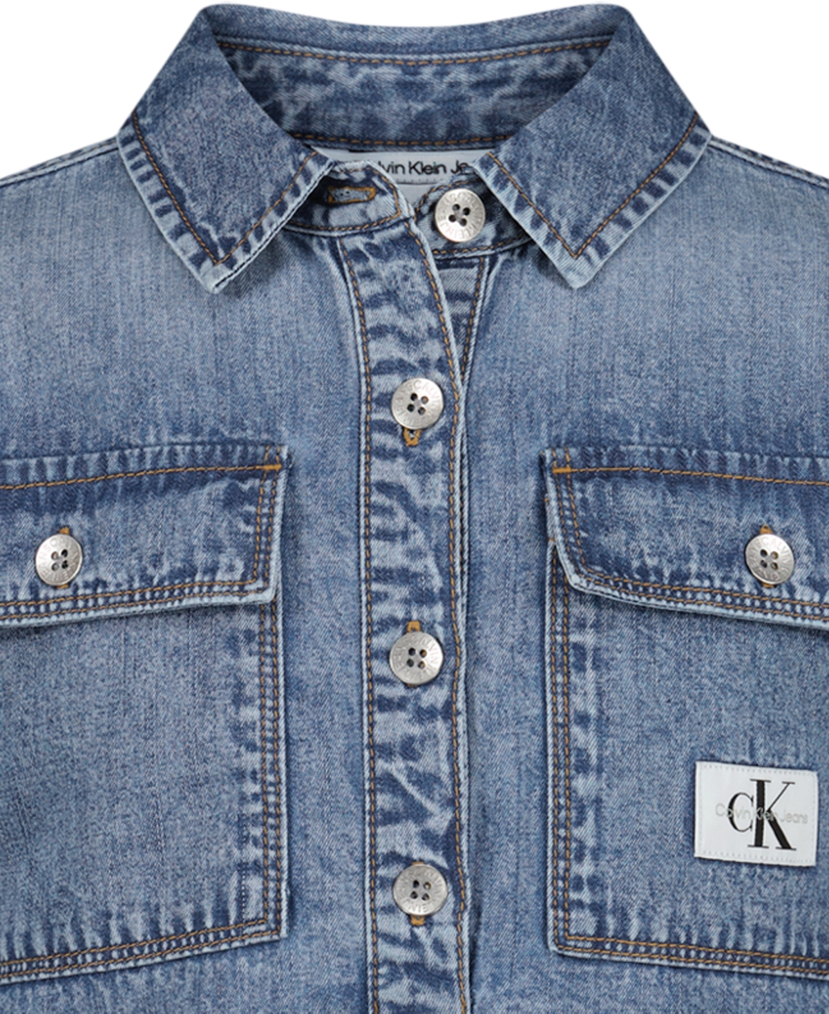 Calvin Klein Girls' 7-16 Short-Sleeve Patch Pocket Denim Shirtdress