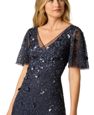 Women's Bead Mesh Flutter V-Neck Midi Dress