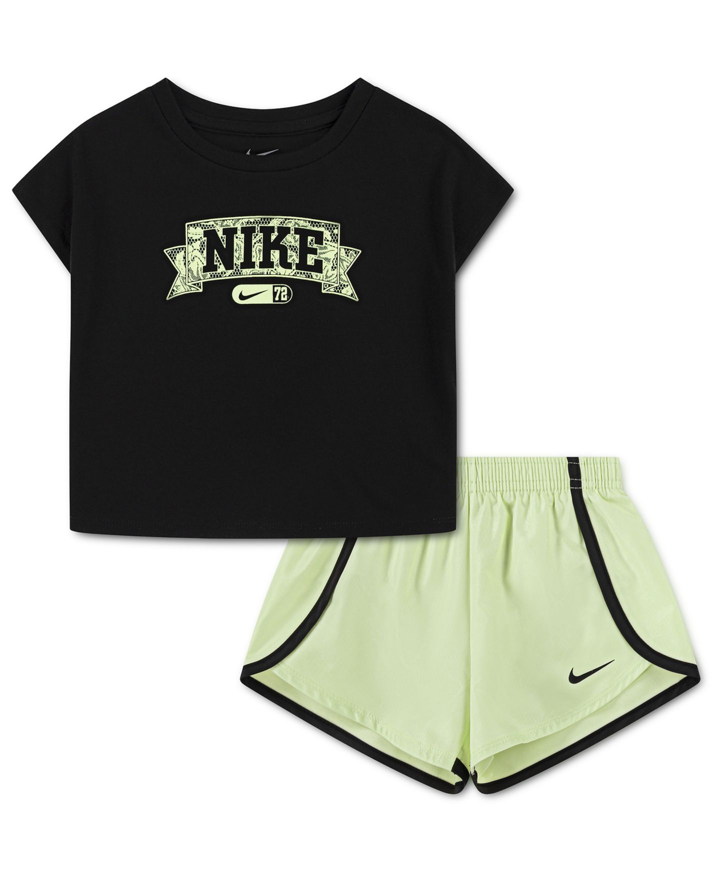 Комплект Nike Lace It Up Crewneck T-Shirt and Shorts, 2-Piece Set для девочек-малышей, цвет: Светлый лаймовый — фото 1