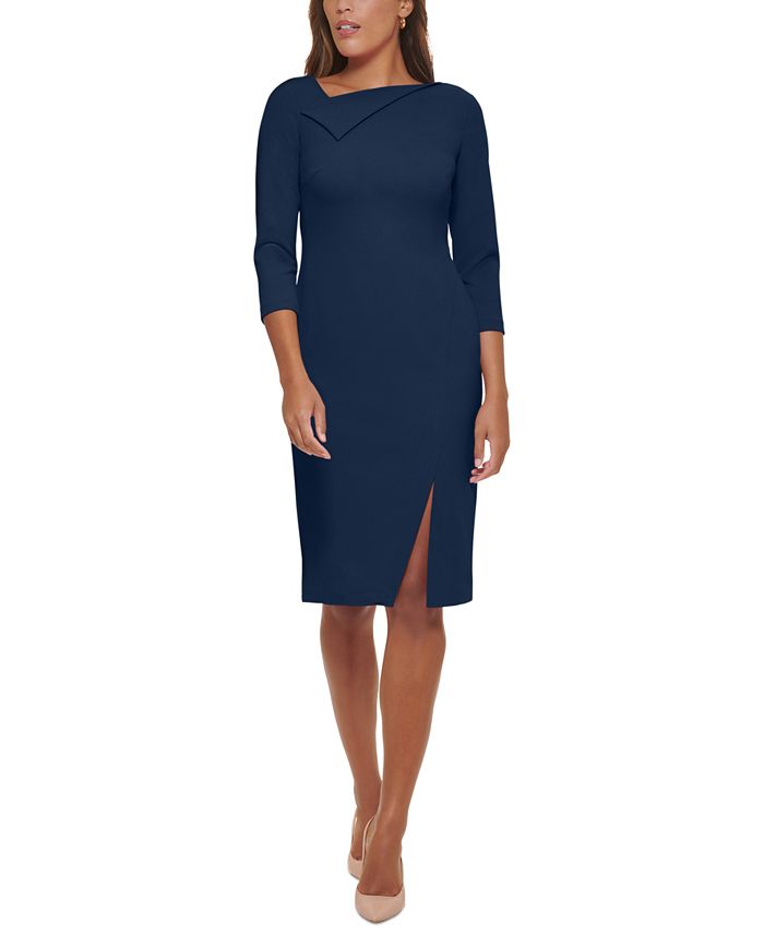 Women's Foldover-Neck Front-Slit Sheath Dress