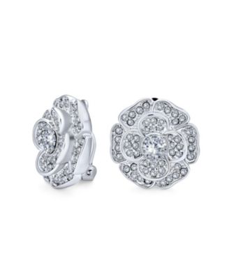 Statement Cubic Zirconia Pave CZ 3D Rose Flower Shape Clip On Earrings Non Pierced Ears