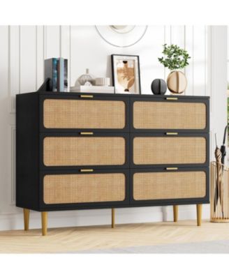 Rattan Dresser with 6 Drawers, Tall Modern Closet with Deep Storage,   Long Wooden Dresser for Bedroom