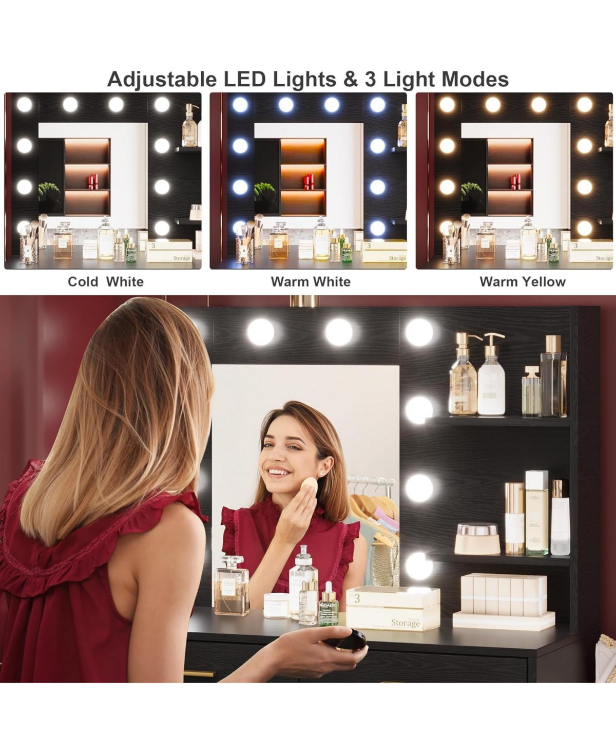 gaomon 61" Vanity Desk with Lighted Mirror, 8 Drawers & 3 Light Modes