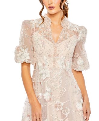 Petite Embroidered Queen Anne Puff Sleeve A Line Gown