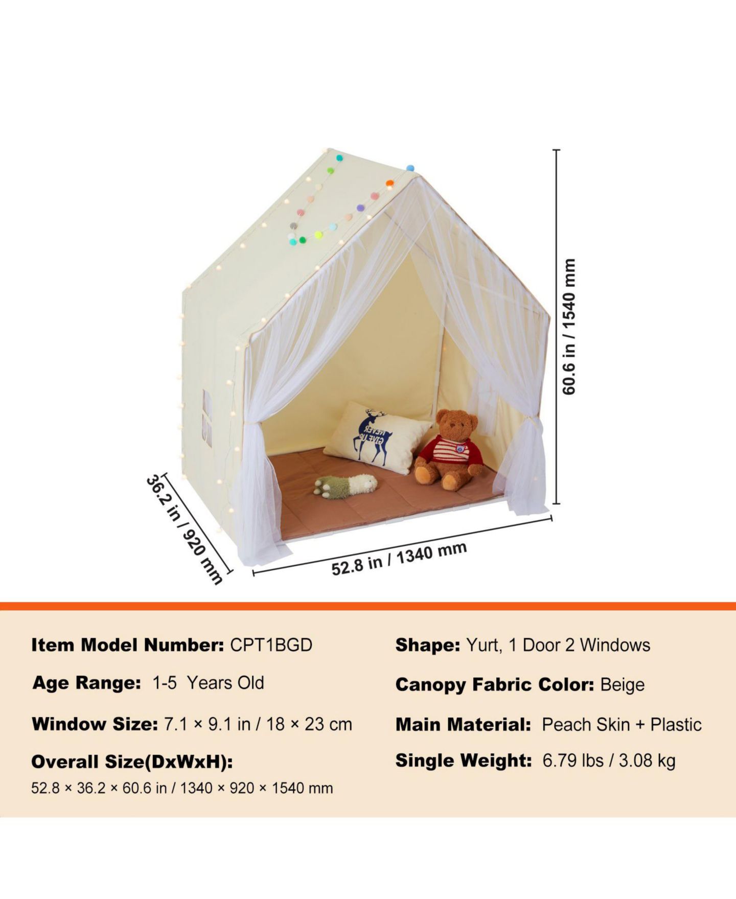 Детские игрушки SUGIFT Yurt Indoor Outdoor Play Tent, 3-Piece Set, Ages 3+, цвет: Бежевый — фото 3