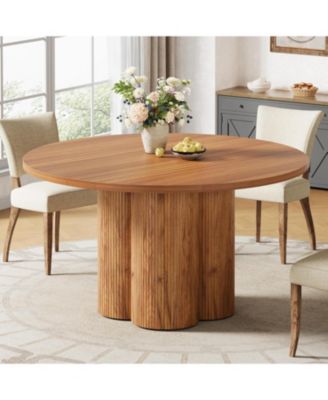 47 Inch Round Dining Table for 4-6, Farmhouse Fluted Kitchen Dining Room Table Circle Table with Sturdy Pedestal Base