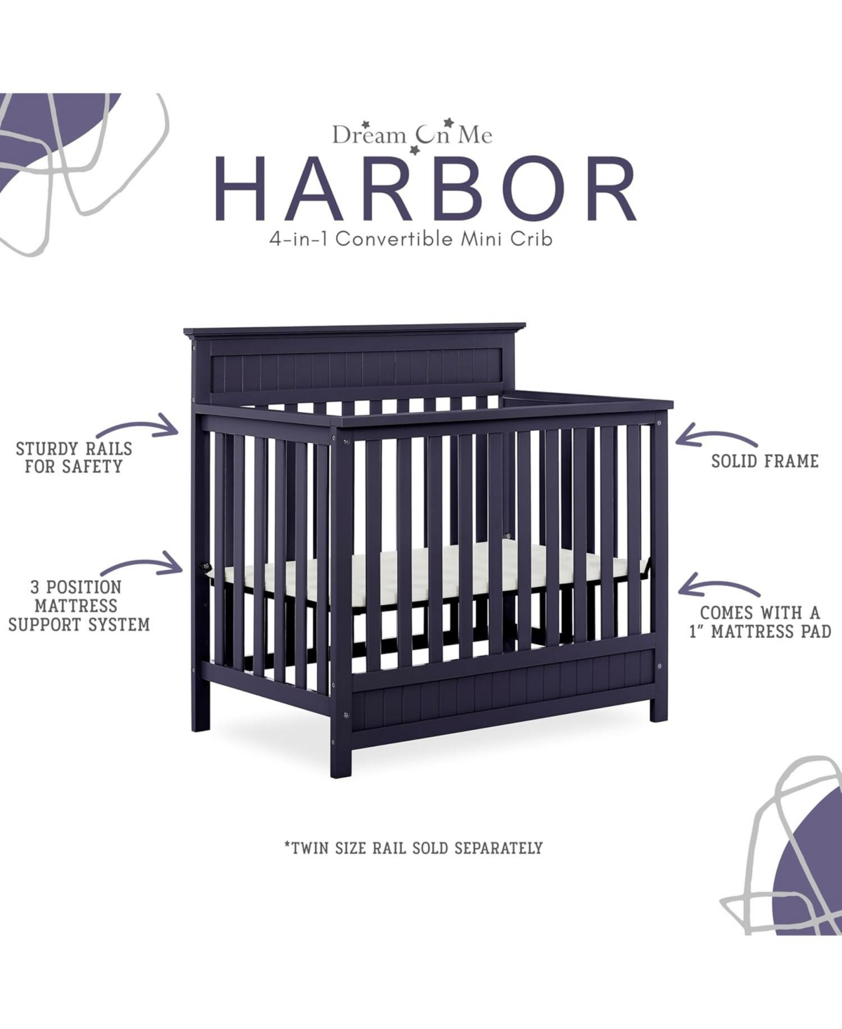 Dream On Harbor 4-in-1 Convertible Mini Crib