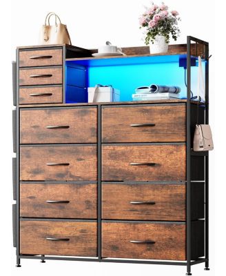 11 Drawer Dresser with Fabric Drawers Storage Cabinet with Shelves Side Pockets Hooks Charging Station