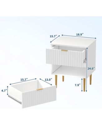 2 Pack Modern Nightstand with USB Charging Station, Gold & Wood Fluted Bedside Night Stand with 2 Drawers, USB Ports & Outlets