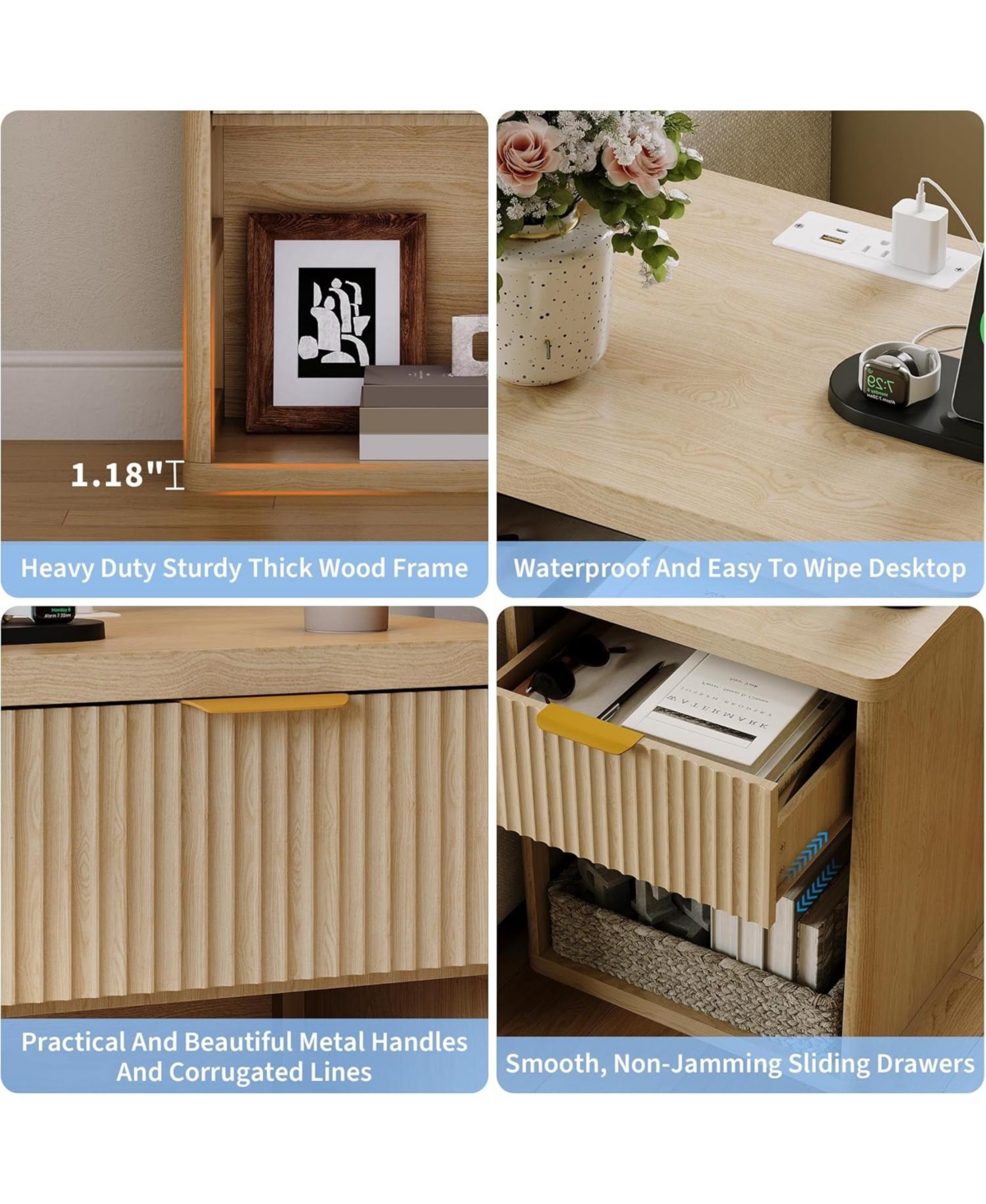 gaomon 1 Pcs Fluted Nightstand,Mid Century Bedside Table,Wooden End Table,Farmhouse Night Stand with 1 Drawer,Open Shelf