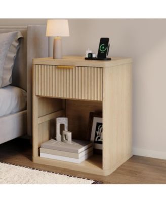 1 Pcs Fluted Nightstand,Mid Century Bedside Table,Wooden End Table,Farmhouse Night Stand with 1 Drawer,Open Shelf
