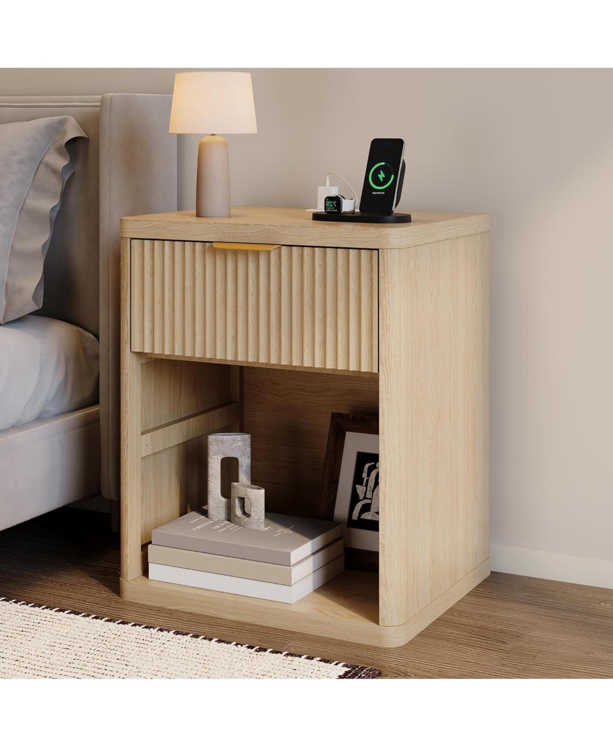 gaomon 1 Pcs Fluted Nightstand,Mid Century Bedside Table,Wooden End Table,Farmhouse Night Stand with 1 Drawer,Open Shelf - Natural