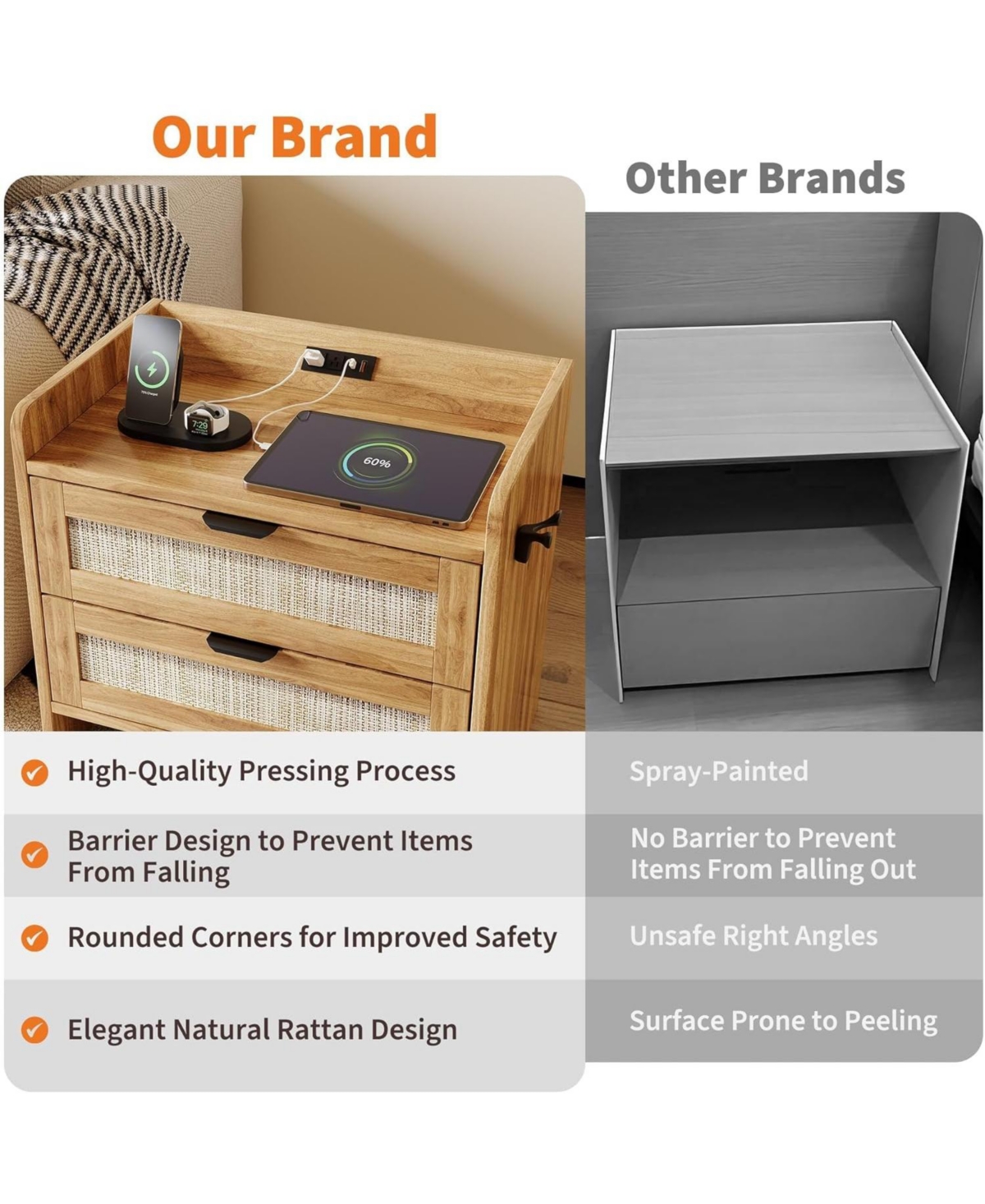 gaomon Boho Rattan Bedside Table with Type-c Charging Station