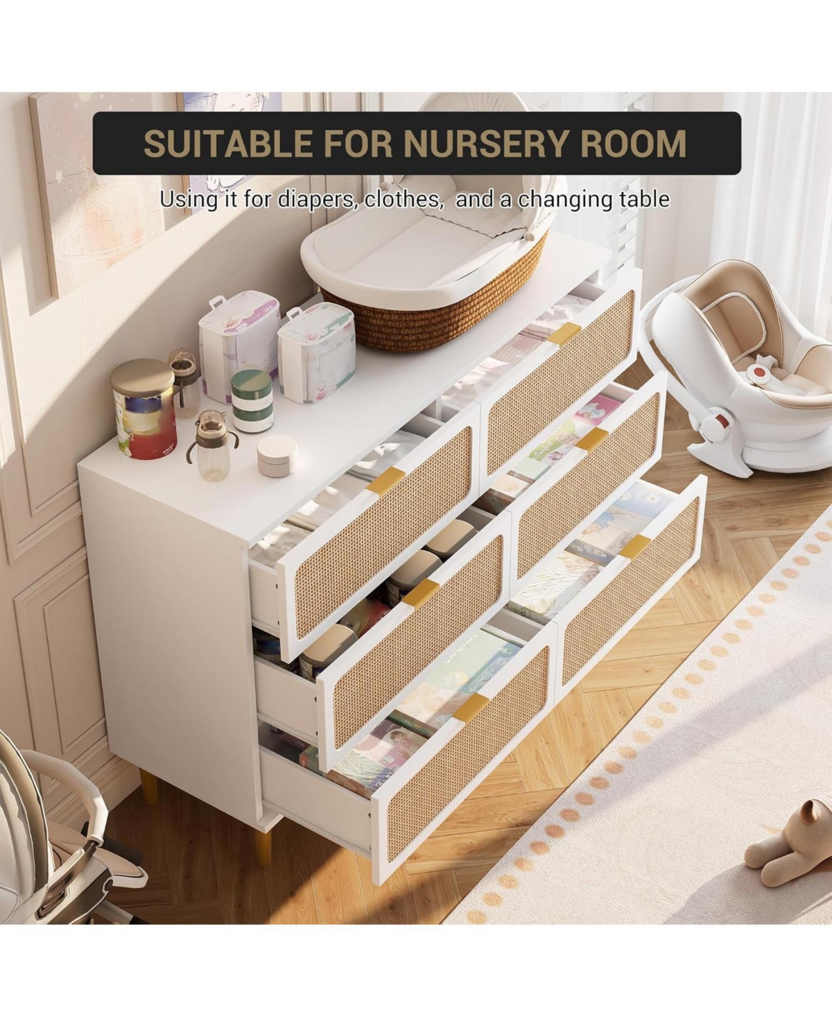 Gaomon Rattan 6 Drawer Dresser, Tall Modern Wooden Chest with Deep Storage & Wide Top for Bedroom or Closet