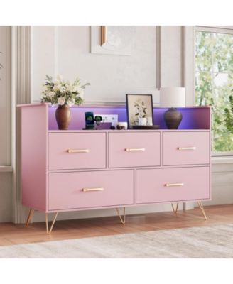 5 Drawer Dresser for Bedroom, 47 in Modern Wooden Dresser with LED Lights & Charging Station, Wide Chest of Drawers Storage Organizer, Pink
