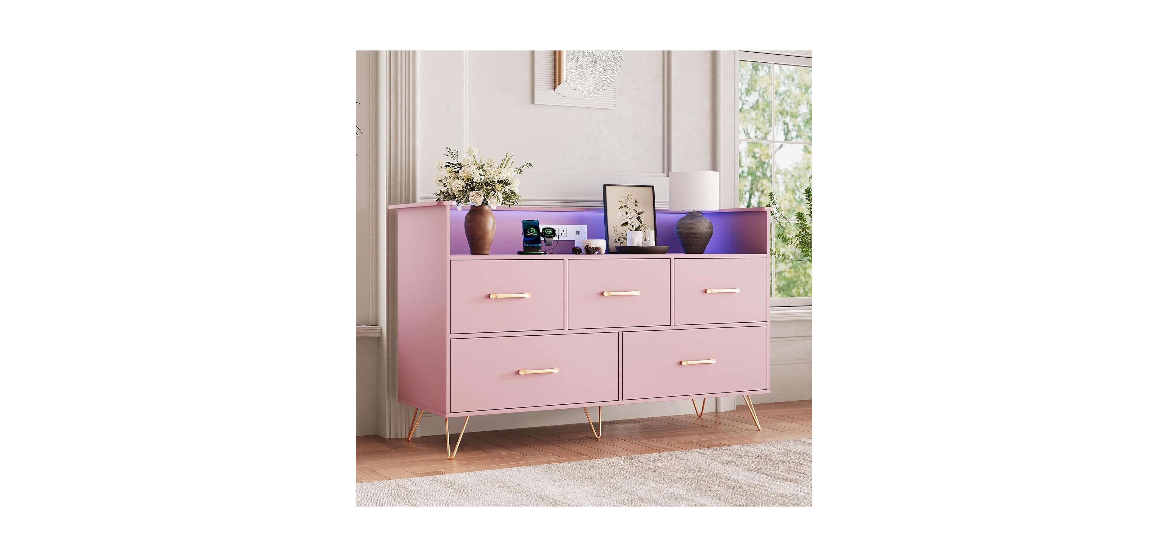 gaomon 5 Drawer Dresser for Bedroom, 47 in Modern Wooden Dresser with Led Lights & Charging Station, Wide Chest of Drawers Storage Organizer, Pink