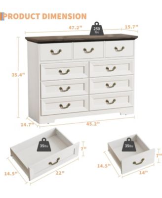 9 Drawer Dresser for Bedroom 47 in Wide Dressers Wood Vintage Chest of Drawers with Natural Texture and Vintage Gold Floral Handles, Farmhouse