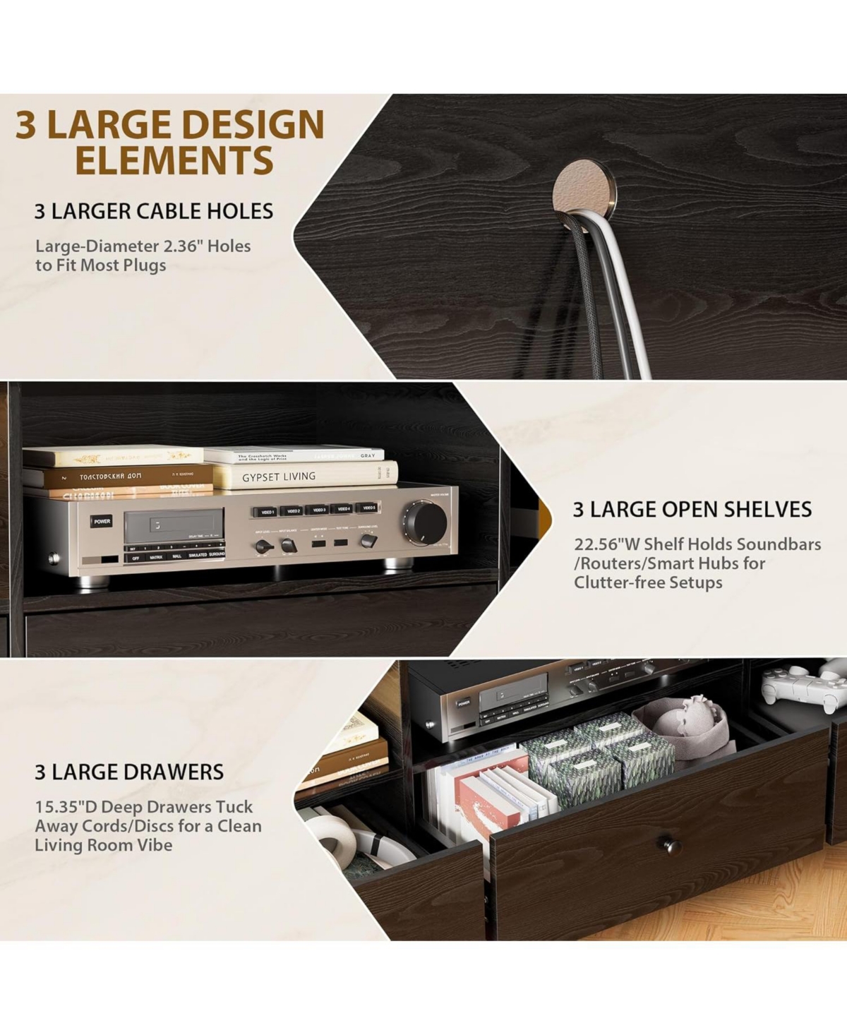 gaomon Modern Tv Stand with 3 Storage Drawers and Open Shelves for 75" TVs