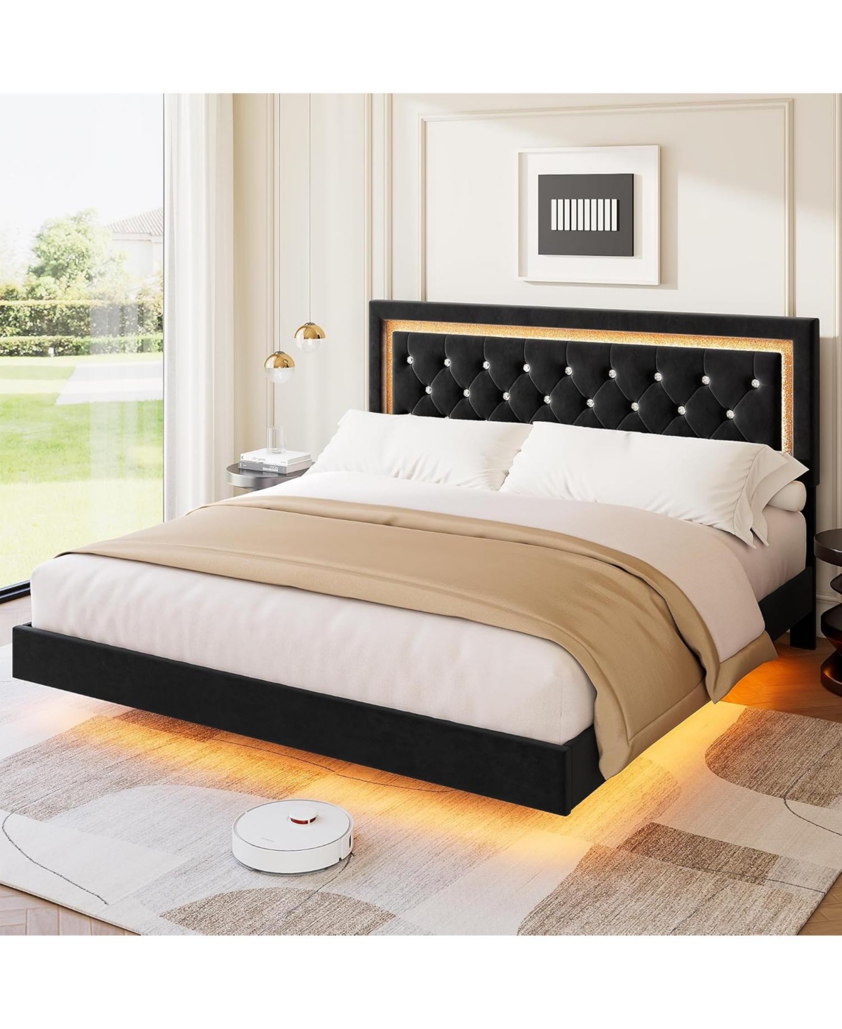 gaomon Floating Platform Bed Frame with Smart Led Lights, Upholstered Diamond Headboard, Wood Slat Support