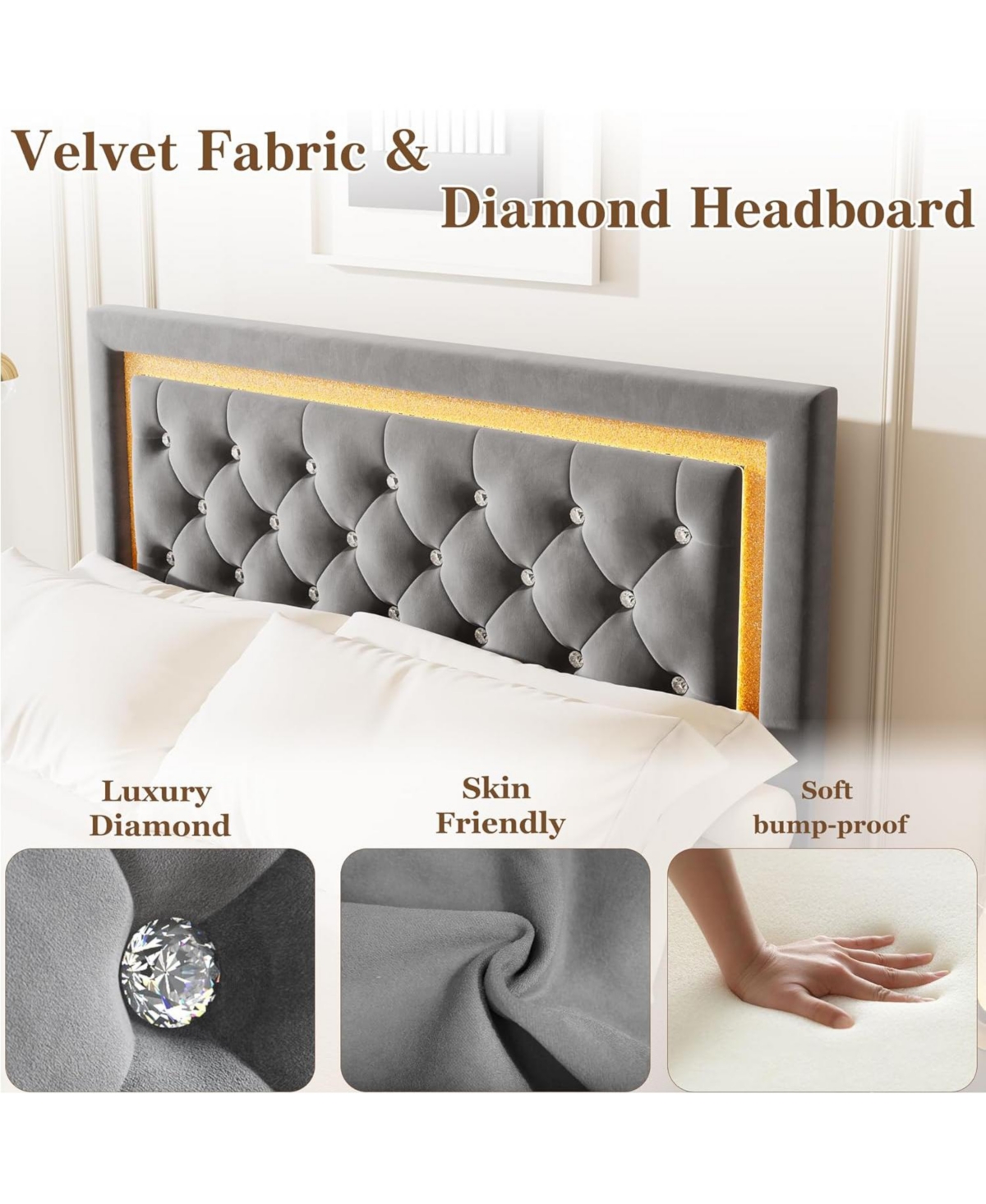 gaomon Floating Platform Bed Frame with Smart Led Lights, Upholstered Diamond Headboard, Wood Slat Support