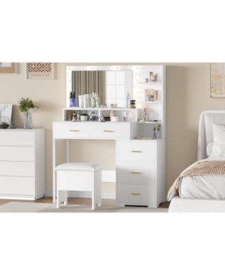 Vanity Desk with Mirror & Lights - Foldable, 4 Drawers, Stool